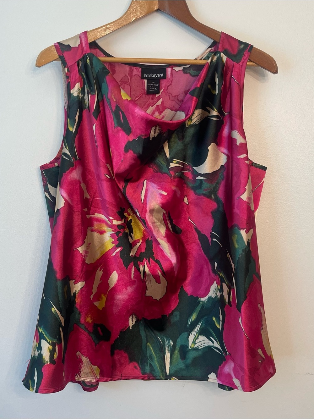 Lane Bryant Hibiscus Floral Satin Cowl Neck Tank Sz 18 Jewel Tone